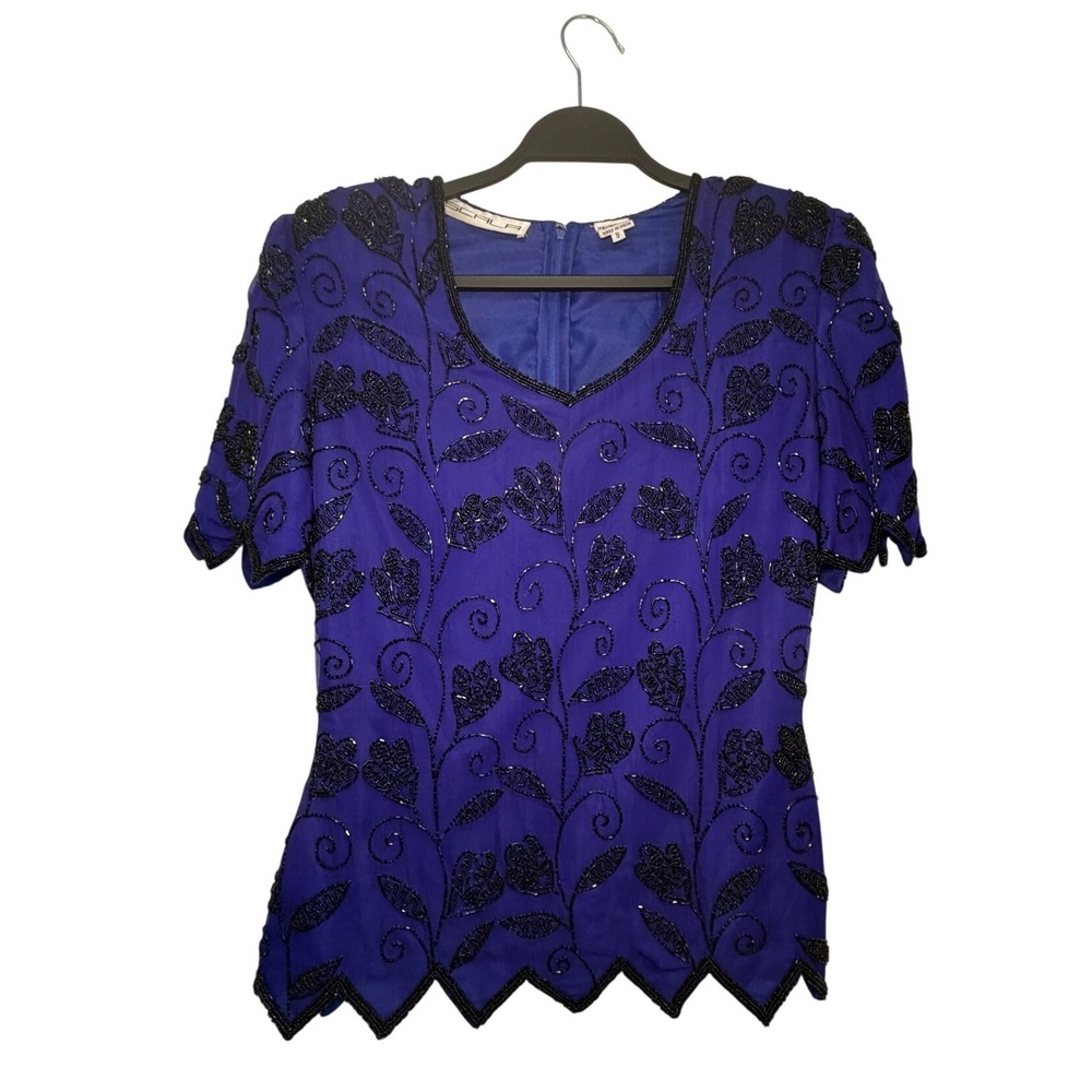 Vintage Cala All Over Beaded Blouse Royal Blue Black Artsy Retro Glam Silk Small